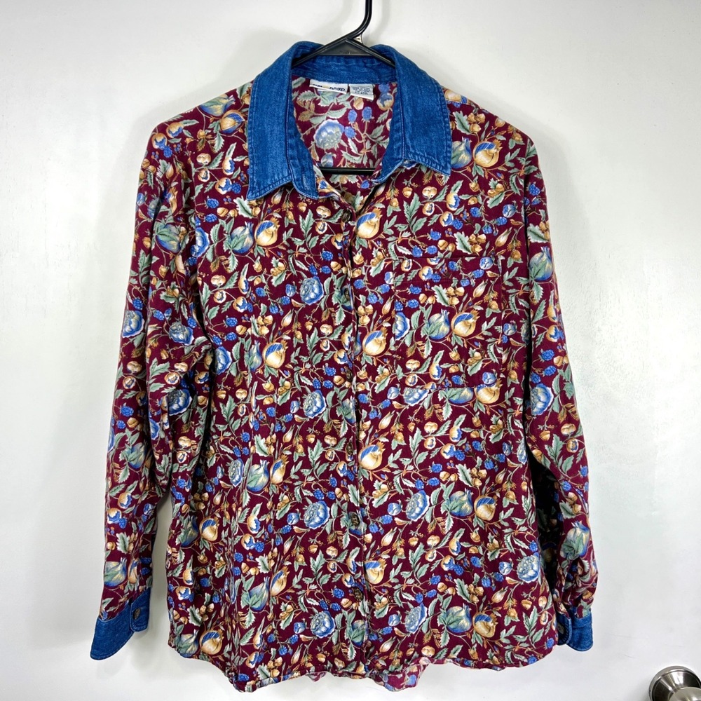 Vintage‎ Floral Print Denim Collar Button Up Size M Long Sleeve Cottagecore Boho